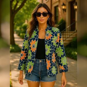 Alfred Dunner Jacket Size 10 Floral Print Rib Zip Jacket Blue Orange Green Retro